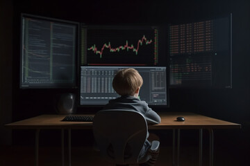 Child sitting bihind computer screen displaying multiple financial reports and graphs. Generative AI