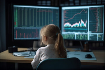 Fototapeta na wymiar Child sitting bihind computer screen displaying multiple financial reports and graphs. Generative AI