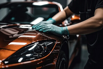 Close up of a auto body mechanic buffing a scratch on sports car