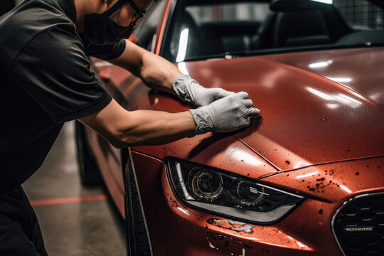 Close up of a auto body mechanic buffing a scratch on sports car
