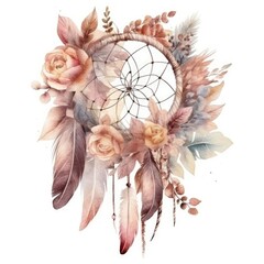 Boho dream catcher with fantasy beads and leaves, pink blush and neutral colors, watercolor illustration - generative ai - obrazy, fototapety, plakaty