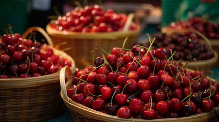 Harvest of red cherries on a market stall