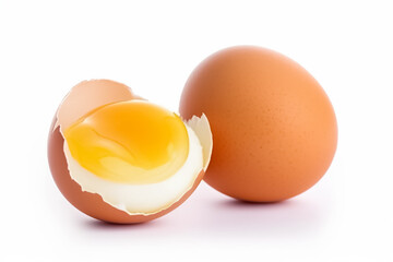 Brown eggs and egg yolk isolated on white background. generative ai
