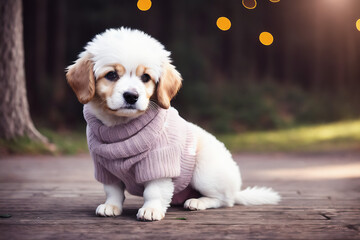 Portrait of a adorable dog, funny and cute face closeup, wear a warmer clothes, ready for christmas, isolated on beautiful bokeh background, created with generative ai