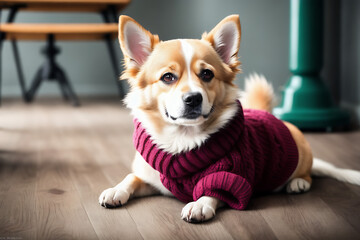 Portrait of a adorable dog, funny and cute face closeup, wear a warmer clothes, ready for christmas, isolated on beautiful bokeh background, created with generative ai