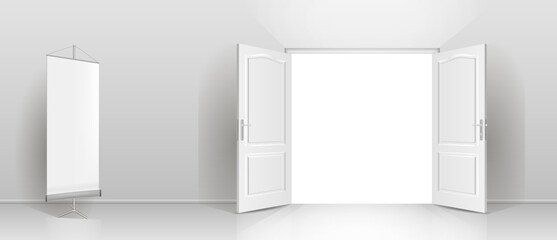 The interior of an empty room with a white wall and an open door.
 Free space for copying, 3d image.
