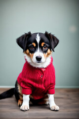 Portrait of a adorable dog, funny and cute face closeup, wear a warmer clothes, ready for christmas, isolated on beautiful bokeh background, created with generative ai