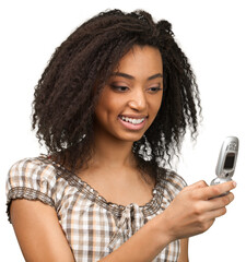 Smiling Young Woman Texting on Cell Phone - Isolated