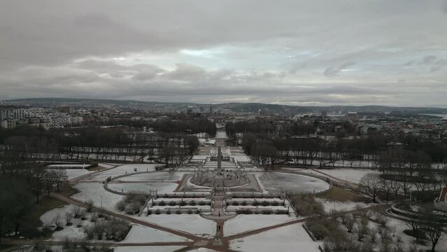 Drone view over Frogner Park and iconic Monolitten sculpture by Gustav Vigeland