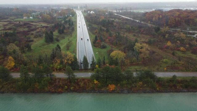 Aerial flyover shot of the highway in Brampton, Canada.