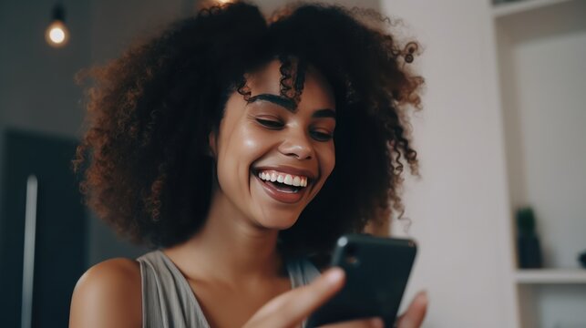 A happy Beautiful woman laughing while using a smartphone at home. Technology in everyday life. Generative AI