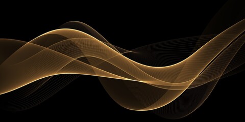 Abstract golden colored light wave patterns and form of simple elements on a black background