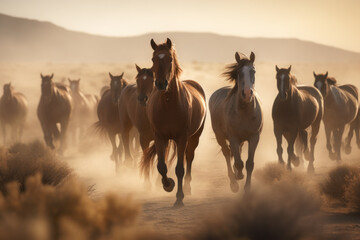Wild Horses Galloping across Dusty Plains, Fine Art Nature Photography, Generative AI