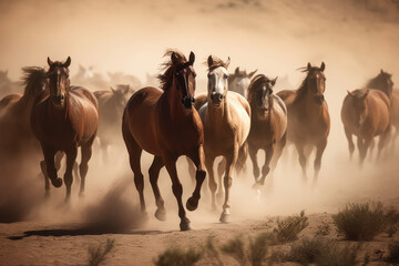Wild Horses Galloping Across Dusty Plain, Fine Art Nature Photography, Generative AI