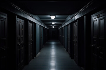 Dark backroom, many ways empty and labyrinth. AI generative.