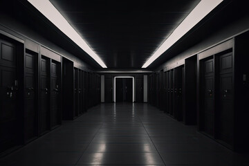 Obraz premium Dark backroom, many ways empty and labyrinth. AI generative.