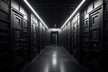 Dark backroom, many ways empty and labyrinth. AI generative.