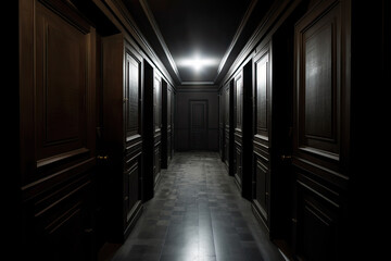 Fototapeta premium Dark backroom, many ways empty and labyrinth. AI generative.