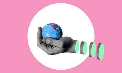 A digital collage of contemporary art. A hand holding a globe against a pink background.