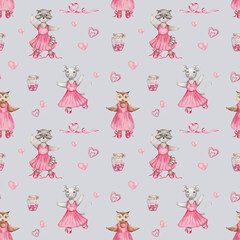 Watercolor seamless pattern. Hand painted illustration of cartoon raccoon, owl bird, mouse. Girls in dance studio in pink dress, ballet shoes. Animal character. Print on blue background for textile