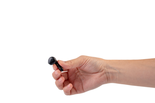 Wireless black bluetooth earphones in hand isolated close-up on a transparent background - Powered by Adobe