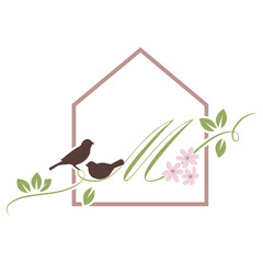 birds floral house, letter m
