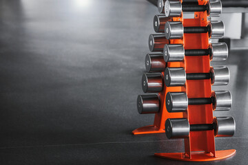 A rack with a set of dumbbells of different weights and sizes in the gym. Copy space.
