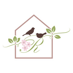 birds floral house, letter r