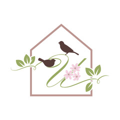 birds floral house, letter u