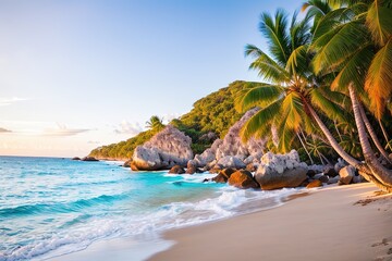 Fototapeta premium Paradise beach of a tropical island, palm trees, white sand, azure water, Generative AI.