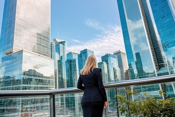 Business woman looks at the city of skyscrapers from the office, view from the back, unrecognizable face. Generative AI.