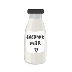 A vector bottle with coconut milk on a white background is isolated. Dairy free