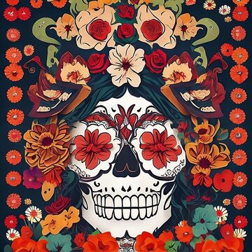 Day of the Dead and Halloween. Katrina Dia de los Muertos. Mexican tradition, festival. The woman is made up of a sugar skull. Calavera Katrina typographic poster, t-shirt style. Generative AI