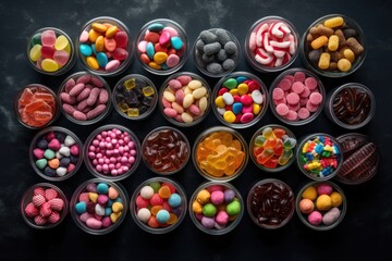 Vast array of different candy in open containers