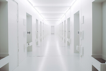 White backroom, many ways empty and labyrinth. AI generative.