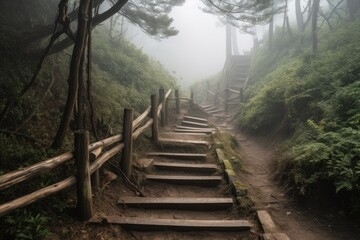 Fototapeta na wymiar A Wooden Path, Natural Forest Environment - Foggy View