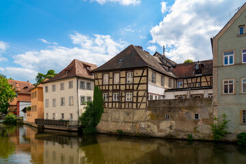 Old houses and Regnitz river in Bamberg old city center