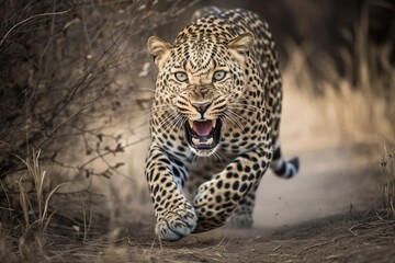 Fototapeta na wymiar Angry Leopard Hunting - Running towards Camera