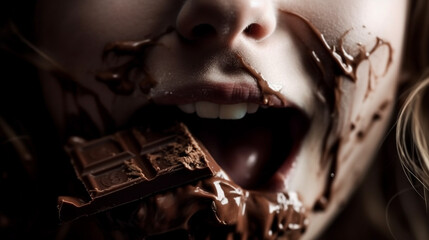 woman biting chocolate. extreme close up - obrazy, fototapety, plakaty