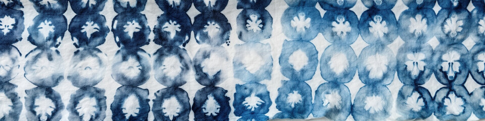 Naklejka premium Kanoko shibori, Japanese indigo, blue tie dye on off white textile, panoramic banner composition, AI generative panorama design element