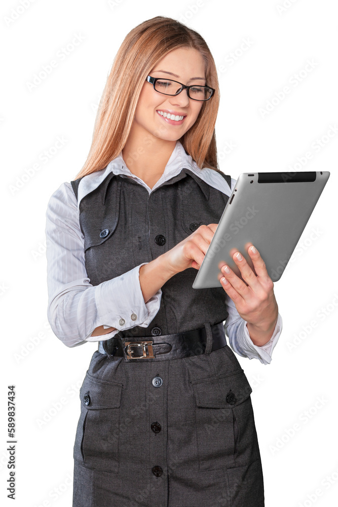 Poster female professional using a tablet computer - isolated image