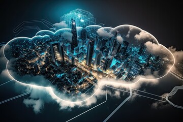 Fototapeta na wymiar Cloud computing for digital storage and transfer big data on internet.futuristic.Generative AI
