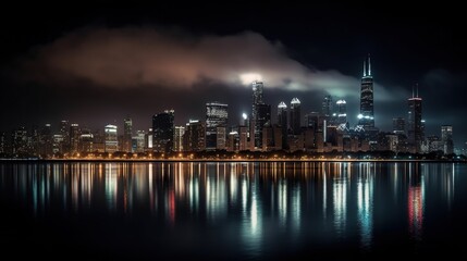Obraz premium The view of city, megapolis skyline from across Lake Michigan in the evening, AI generative
