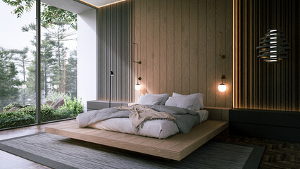 modern minimalist bedroom interior decorating with wood. luxury apartment japanese style. 3D rendering.