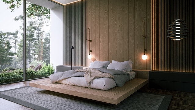 modern minimalist bedroom interior decorating with wood. luxury apartment japanese style. 3D rendering.