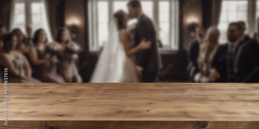 Poster empty wooden counter table top for product display with a wedding scene background. generative ai