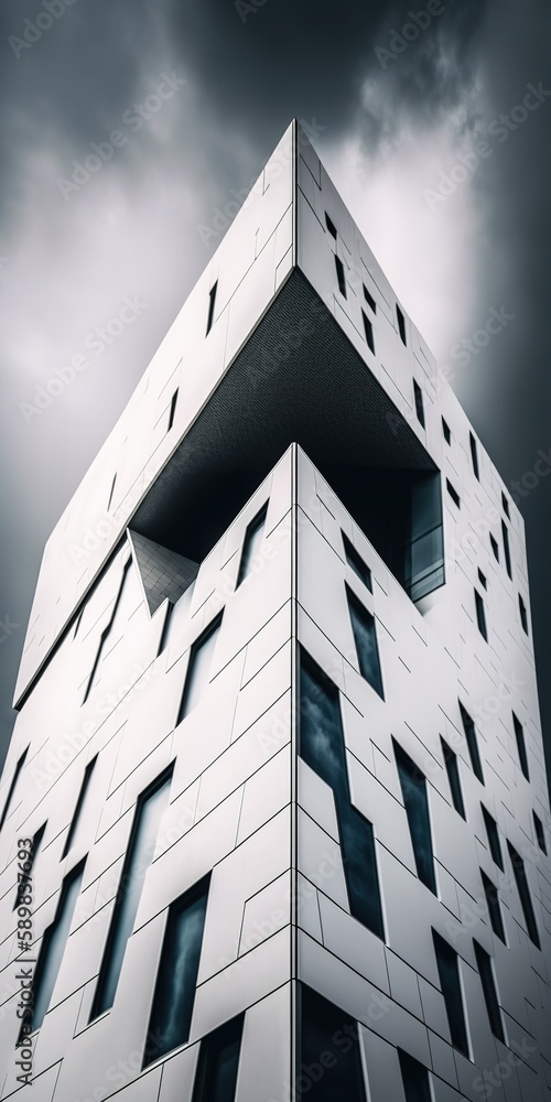 Poster a white contemporary structure reaches up to the clouded sky in this vertical low-angle image. gener