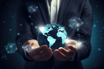 Earth globe in the hands of a businessman. Generative AI