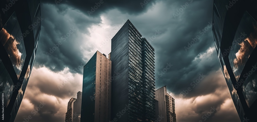 Poster a hazy sky and a vertical picture of skyscrapers. generative ai