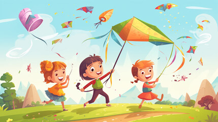 kids flying kites. vector art Generated AI